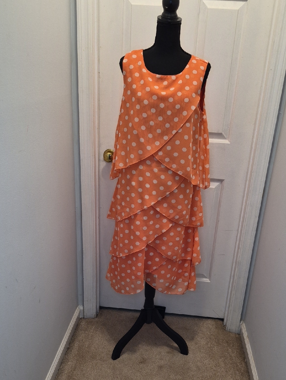D27- Anthony Richards Orange Polka Dot Tiered Knee-length Dress